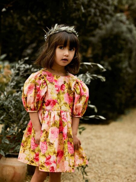 Pink Taffeta printed Prom Dress.