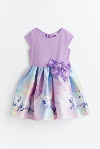 H&M Unicorn Rainbow Flared Skirt Dress, Short Sleeve Purple Bow